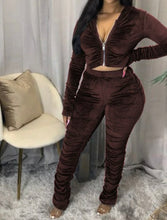 Load image into Gallery viewer, Zip Up Ruched Stacked Pants Set