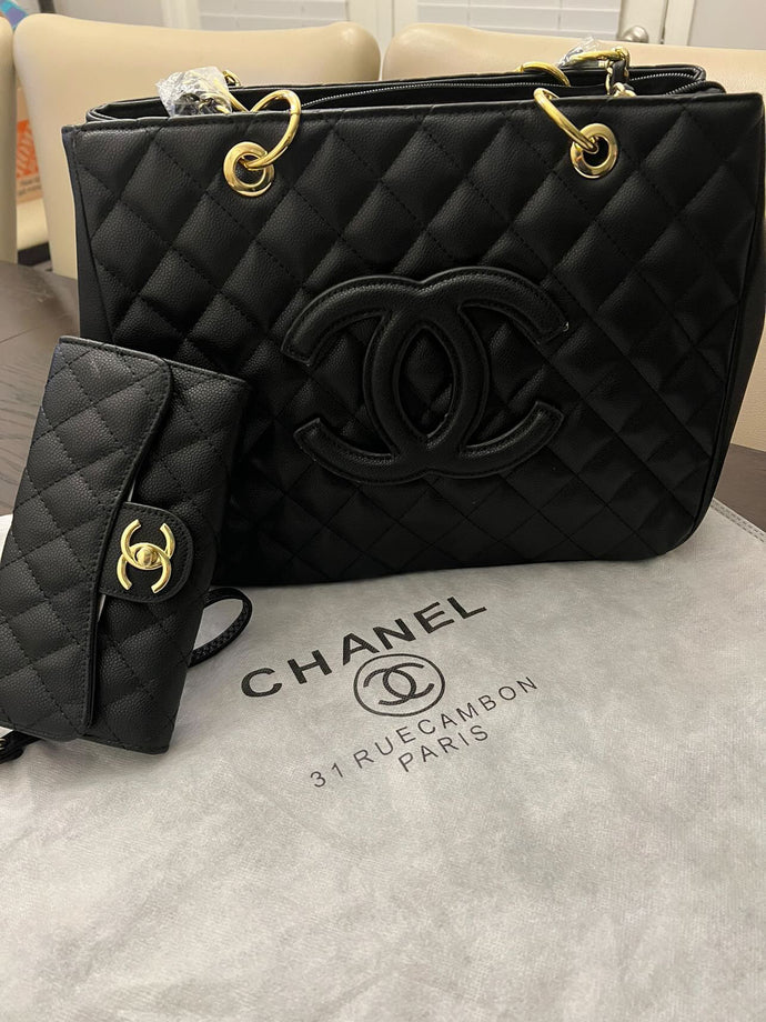 Classic Chanel Black Leather Tote Satchel w/ Clutch Purse